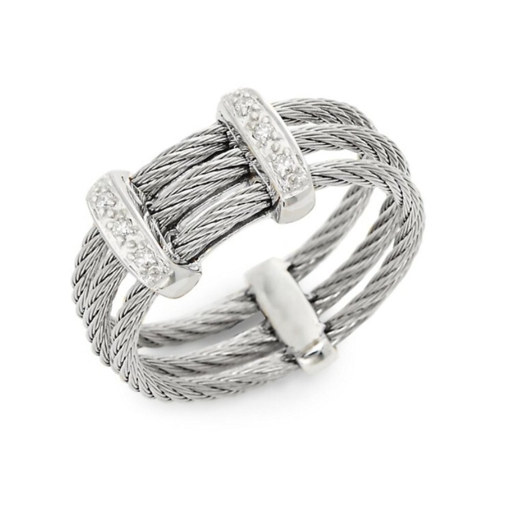 ALOR 18K White Gold Stainless Steel & Diamond Cable Ring